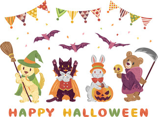 Obraz premium 10月 ハロウィーン 仮想衣装を着た動物たちのイラスト