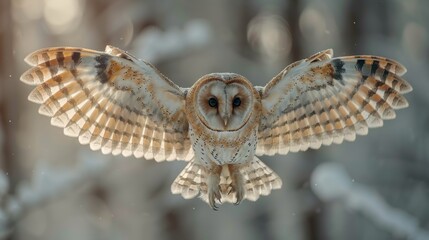Fototapeta premium Hunting Barn Owl in flight. Wildlife scene from wild forest