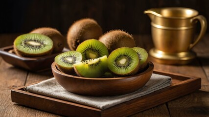 kiwi fruit served in wooden plate and wooden table