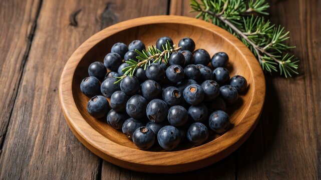juniper berry fruit served in wooden plate and wooden table