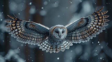 Fototapeta premium Hunting Barn Owl in flight. Wildlife scene from wild forest