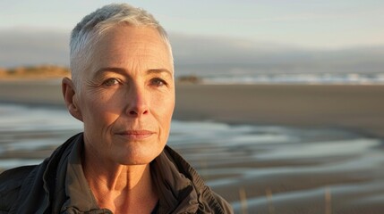 Smiling mature woman with short gray hair on beach, autumn seaside portrait