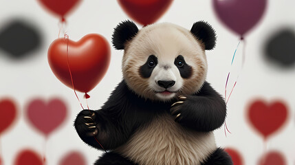 a panda holding a heart shaped balloon on a white background for Valentine Event