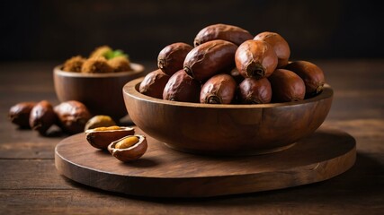 Obraz premium tamarind fruit served in wooden plate and wooden table