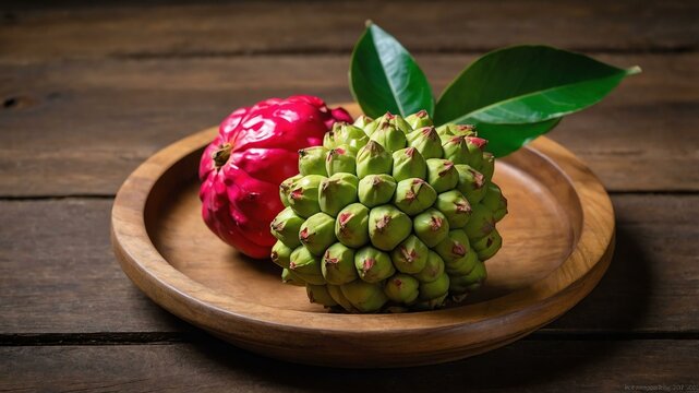 sugar apple sweetsop fruit served in wooden plate and wooden table