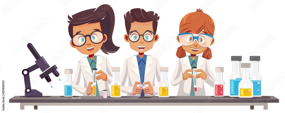 Poster three children in lab coats are working on a science experiment. they are smiling and seem to be enj