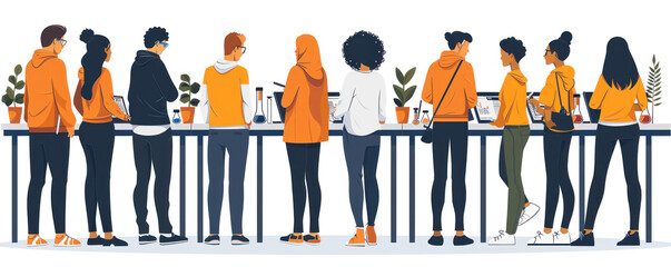 A group of people are standing around a table with laptops and other items. The people are of different ages and genders, and they are all looking at their laptops. Scene is focused and studious