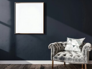 Single square frame on a dark navy wall in a living room with a light gray velvet armchair and a geometric cushion.