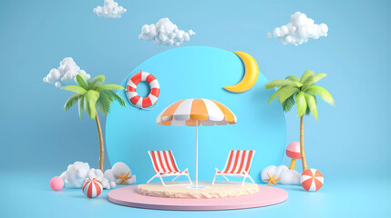 3d cartoon style beach objects on island with blue sky.Summer sale banner template.summer vacation concept.