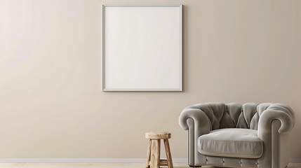Single square frame on a light beige wall in a living room with a light gray velvet armchair and a small wooden stool.