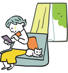 自宅でカードを見ながらスマホを操作しているシニアの女性　ストック素材
