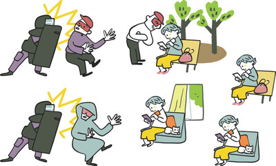 スマホを操作するシニア女性と怪しい人　怪しい人を防ごうとする盾を持った機動隊員　セットのストック素材
