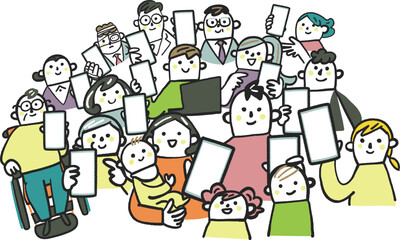 スマホを手に持つ様々な人々　ストックイラスト素材
