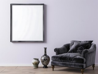 Single square frame on a light lavender wall in a living room with a dark gray velvet armchair and a decorative vase.