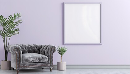 Single square frame on a light purple wall in a living room with a gray velvet armchair and a small...