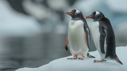 Obraz premium Pair of gentoo penguins in wild nature, on iceberg in the sea water