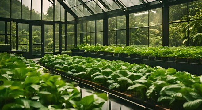 Modern greenhouse with green plants. Sustainable agriculture