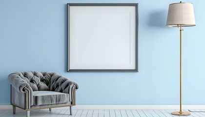 Single square frame on a pastel blue wall in a living room interior. The room features a gray velvet armchair and a floor lamp with a linen shade.