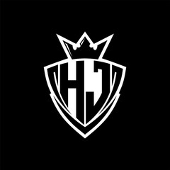 HJ Letter logo with sharp triangle shield shape with crown inside white outline on black background template design