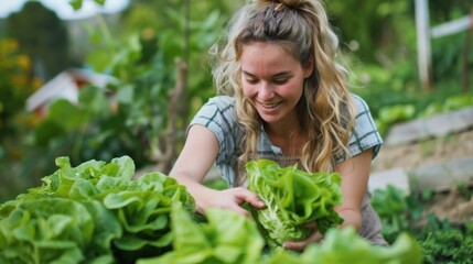 Fototapeta premium pretty blonde young woman harvesting fresh lettuce from raised bed, vegetable patch in garden and is happy