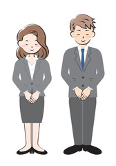 お辞儀をするスーツ姿の男女　全身