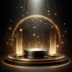 Background black podium stage gold award glitter light 3d platform product golden pedestal.