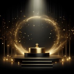 Background black podium stage gold award glitter light 3d platform product golden pedestal.