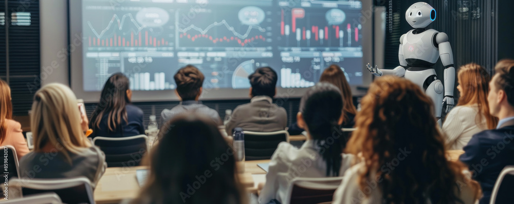 Aufkleber a robot is standing in front of a large group of people in a conference room. the robot is wearing a