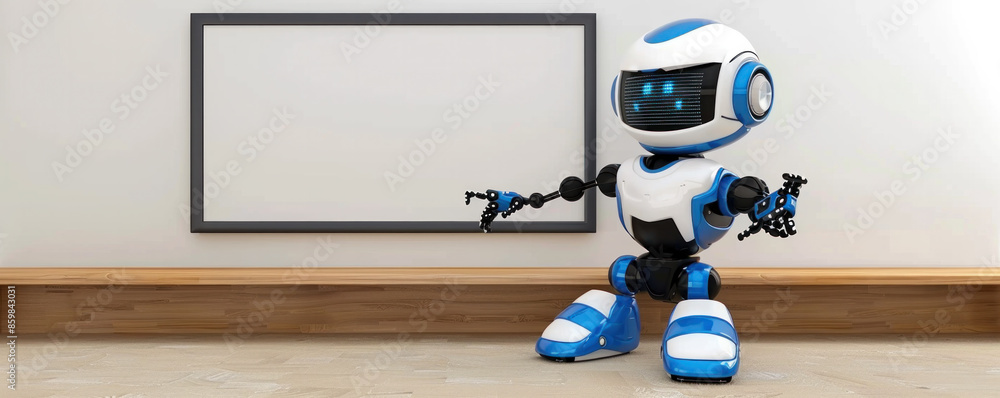 Poster a robot is standing in front of a blank wall. the robot is blue and white and has a robotic arm. the