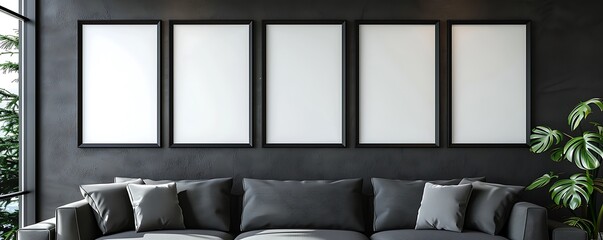 Six black frames on a slate gray wall, sleek and professional living room