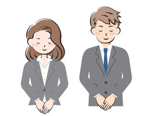 お辞儀をするスーツ姿の男女　上半身