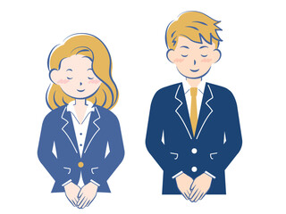 お辞儀をするスーツ姿の男女　上半身　3C