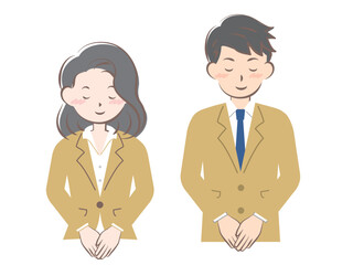 お辞儀をするスーツ姿の男女　上半身