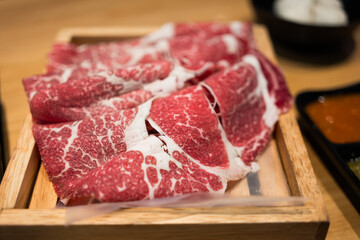 Quality wagyu beef slices placed in box in Japanese style