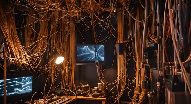  A room with lots of tangled wires and connectors. A chaotic and disorganized scene