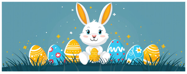 A rabbit is sitting in a field of Easter eggs. The bunny is holding an egg in its mouth