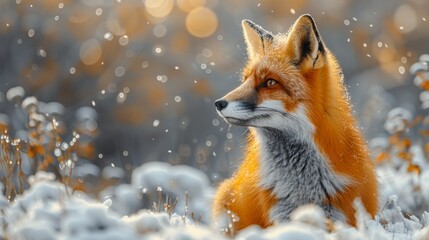 Fototapeta premium Red Fox hunting, Vulpes vulpes. Orange fur coat animal in the nature habitat. Fox on the winter forest meadow, with white snow