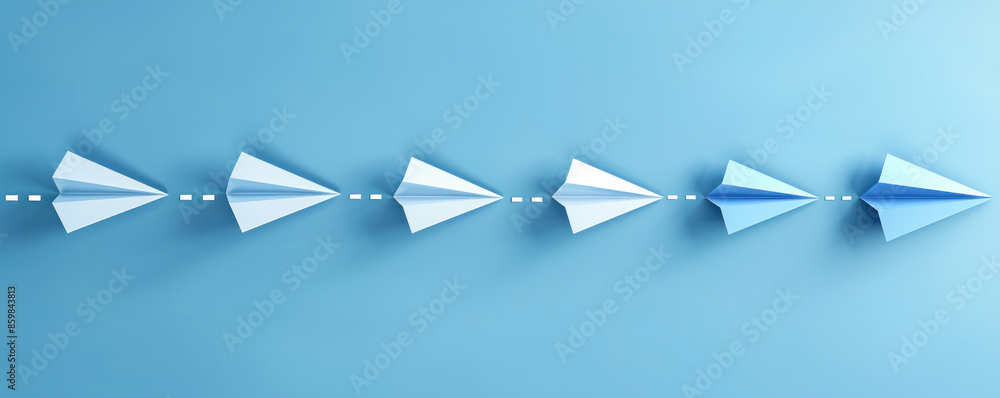 Poster a row of paper airplanes are lined up on a blue background. the airplanes are all different sizes an