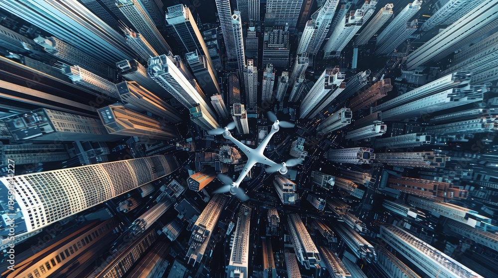 Poster a drone navigating through an intricate network of skyscrapers in a mega-city, capturing the dynamic