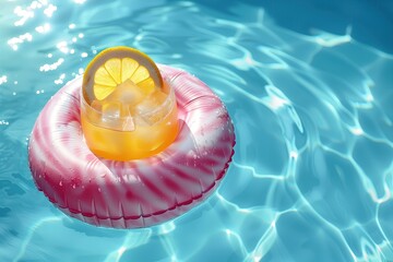 Ice Cold Drink in an Inflatable Floatie, Food and Beverage Art, Summer Pool Party Fun Backdrop, Floating Poolside Swimming Toy, Whimsical Hot Sunny Day Wallpaper, Blue Water Themed Background Graphic