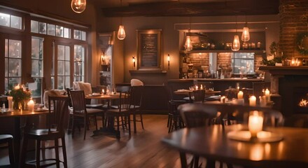 A comfortable restaurant atmosphere with tables and chairs decorated with twinkling lights