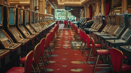 Fototapeta premium Deserted casino interior, showcasing rows of empty slot machines and vacant card tables.