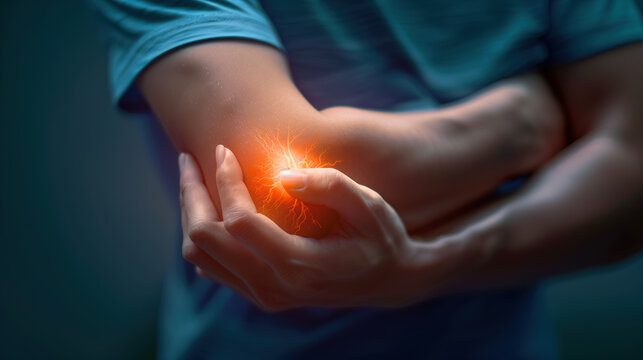 Digital composite of a highlighted, inflamed elbow with tendonitis pain at home. Photo with copy space. Hyper realistic photo --ar 16:9 --style raw Job ID: 9c84a96a-f8a7-4cba-9b2c-fe8c6c64820a