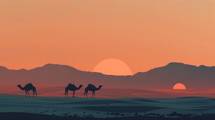 Obraz premium Sunset over Camel Caravan in Desert Landscape