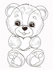 Fototapeta premium A playful outline of a cute teddy bear holding a heart, perfect for young kids to color.