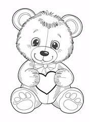 Obraz premium A playful outline of a cute teddy bear holding a heart, perfect for young kids to color.