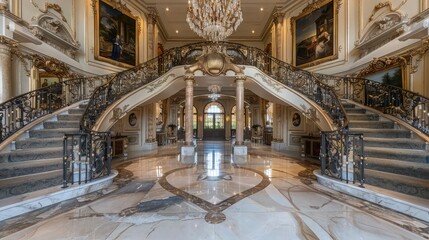 Obraz premium Symmetrical split staircase ascends in a rich, palatial interior hall with polished marble and framed antique paintings, ideal for editorial use.