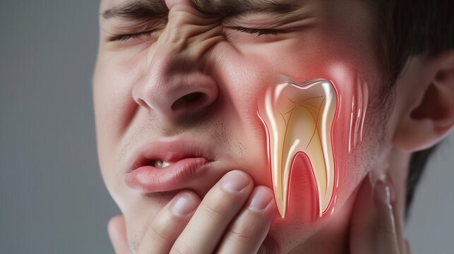 Close-up of a Highlighted Throbbing Tooth Showing Sensitivity to Cold Drinks with Person Wincing