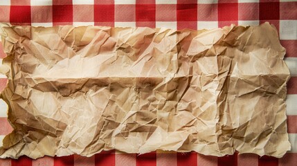Aged paper on red and white checkered background close up space for text