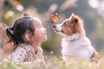Malay girl happy playing with funny pet dog catching a fly butterfly